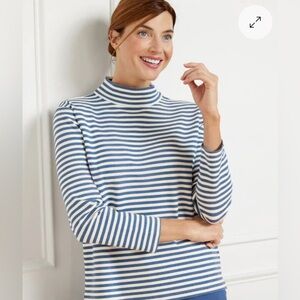 {Talbots} Blue and White Striped Mock Neck Long Sleeve Top